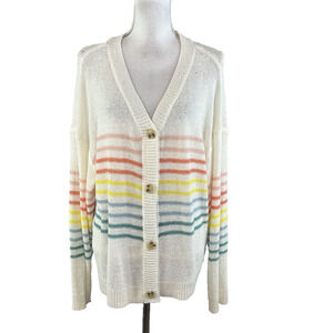 Mud Pie Barker Cardigan Sweater size Med/Large Ivory Stripes Blue Coral Yellow
